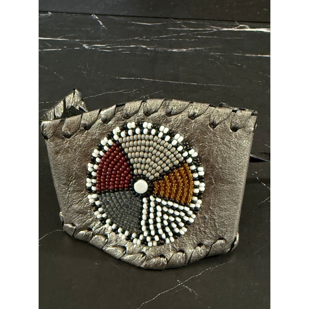 Hand Beaded Native American Leather Medallion Silver Cuff Bracelet Ties at Back
